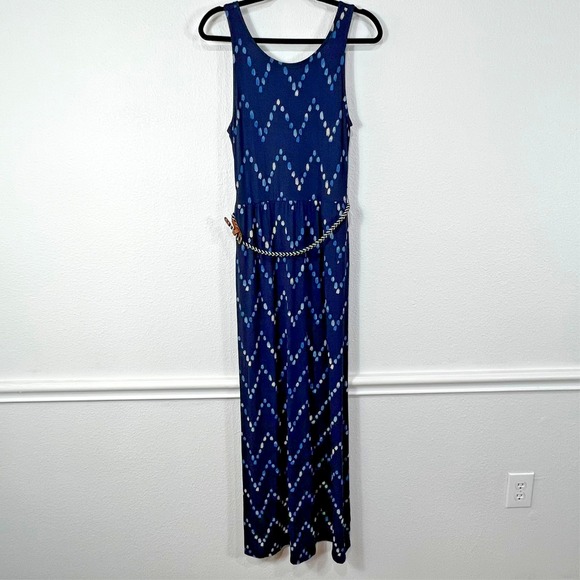 Merona Maxi Dress Women's S Blue Chevron Print Belt‎ Sleeveless Jersey - Picture 1 of 13